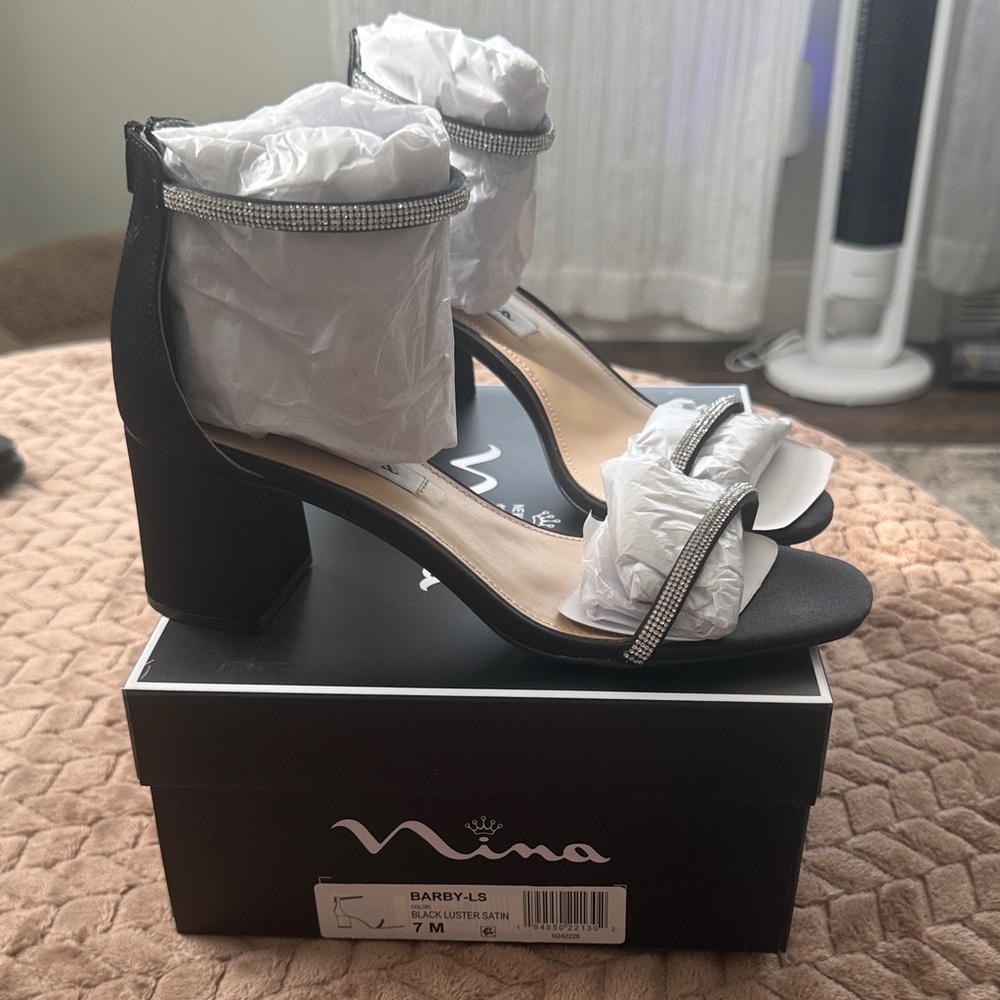 Nina Women's Black Satin Block Heels